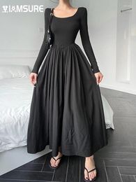 Casual jurken IAMSURE elegante mode a-lijn jurk basic slank effen o-hals lange mouw maxi voor dames 2024 herfst lente dames