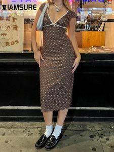 Robes décontractées iamsure de mode élégante dot imprimé bodycon robe sexy mince en v à col courte à manches courtes maxi pour femmes 2024 été