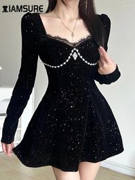 Casual Dresses IAMSURE French Style Sparkle Glitter A-Line Dress Slim Square Collar Long Sleeve Mini For Women 2024 Autumn Winter Lady