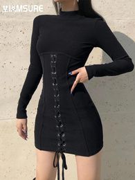 Casual jurken IAMSURE sexy zwarte magere slanke mini-gebreide jurk elegante bandage hoge kraag lange mouwen effen streetwear feestdames