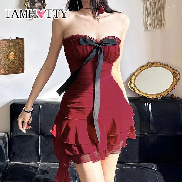 Robes décontractées iamty sexy laitide tube robe contraste rouge couleurs noyaux patchworks sans bretelles à temps de fête