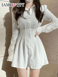 Robes décontractées IAMTY Robe chemise à poitrine unique Blanc Dos Bandage A-ligne Chemisier Style coréen Mode Tenue douce Chic Robe mince