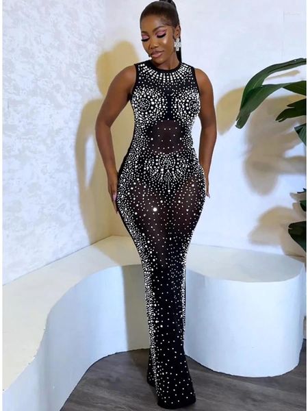 Robes décontractées IDress Femmes Strass Fête d'anniversaire Sexy Club Night Tenues Voir à travers Mesh Sans manches Bodycon Maxi Soirée