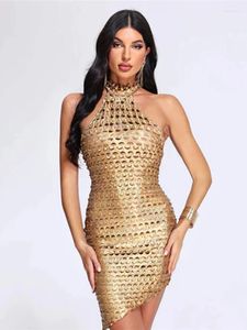 Robes décontractées Idress Sexy Sexy Gold Halter Creué BodyCon Backless Mini Brève robe de clubbing Verstidos d'anniversaire de boîte de nuit