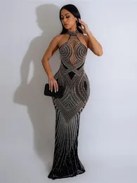 Vestidos casuales Mujeres idress Sexy Rehinestone Halterneck MAXI MAXI Vestido Elegante Luxury Ver a través de Mesh para Party Club Night Vestidos