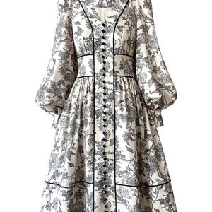 Casual jurken ieqj retro gedrukte dames Midi Dress Trend Spring V-hals LANTERN SLEEVE KNOP Design Damesjurk 3W4384 230408
