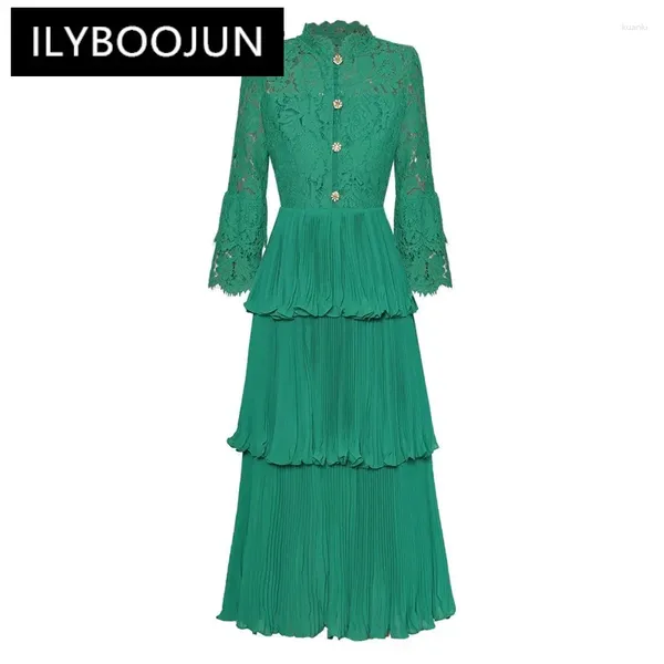 Vestidos informales Ilyboojun 2024 Diseñador de moda Vintage Color sólido Vestido Manga de bengala Lace Hollow Out Tiered Button Fiesta de vacaciones