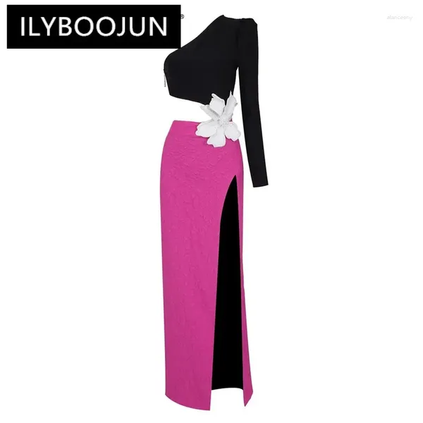 Robes décontractées Ilyboojun Colorblock Patchwork Appliques sexy pour les femmes Collier diagonal One épaule haute robe mincer