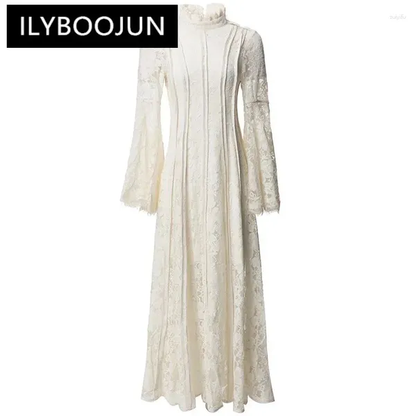 Robes décontractées Ilyboojun Fashion Fashion's Stand-Up Cold-Up Lace Patchwork Flared Sleved Broidered Hollow Out Mesh Slim-Fit Robe Midi Robe