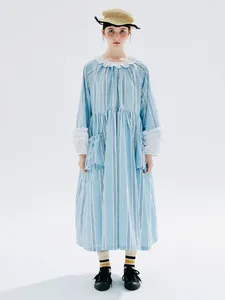 Robes décontractées Imakokoni 2023 Début d'automne Coton Stripe verticale Robe à manches longues Femmes Loose A-Line Jirt 234226