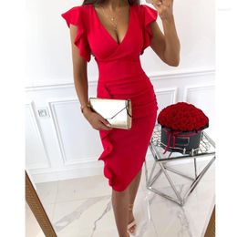 Casual jurken imcute ol sexy v-neck slank kantoor dame jurk bruid ruche ruche korte mouw bodycon knie lengte 2022 vrouw