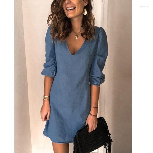 Vestidos casuales Imitación Denim Blue Dress Y2K Loose V Neck Straight A-Line Falda 2023 Summer Fashion Street Ladies Retro Short