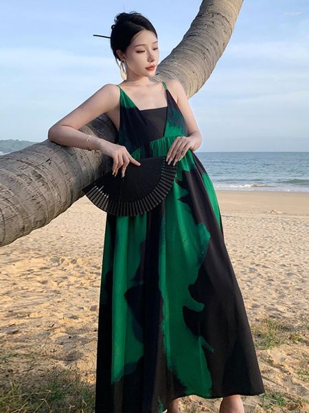 Vestidos casuales en vestido para mujeres 2023 Impresión de verano Cuello cuadrado Largo de gran tamaño Correa de espagueti verde Playa Moda Streetwear