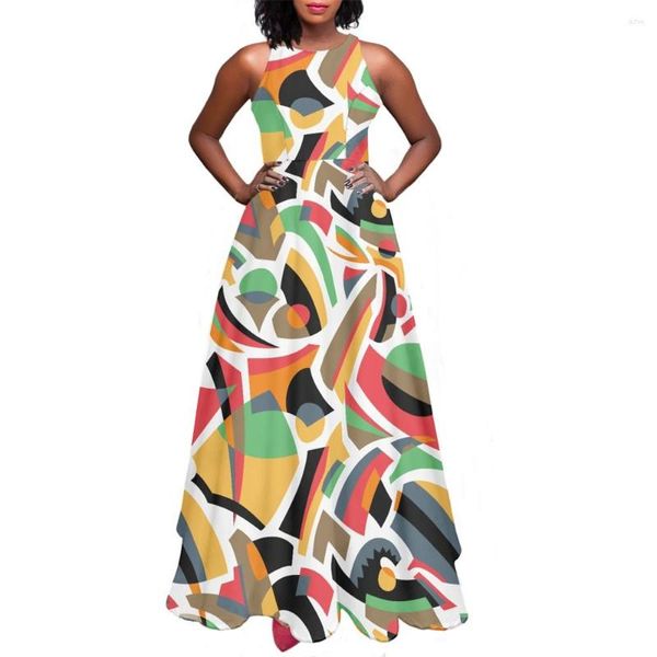 Vestidos casuales para dama de honor de las mujeres Columpios Sin mangas A-Line O Cuello Maxi Estampado de ropa Bloque de color geométrico abstracto personalizado