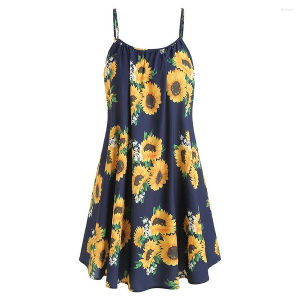 Vestidos casuales para mujer Vestido de playa Estampado floral Camisola Verano Sin mangas Correa Espalda abierta Drapeado Mini Cómodo Vestidos con cuello en V