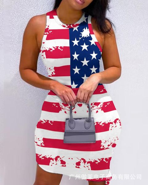 Vestidos casuales Día de la Independencia Estampado de bandera Sin mangas Vestido ajustado Mujer Primavera Verano O Cuello Cintura alta Sexy Slim Mini