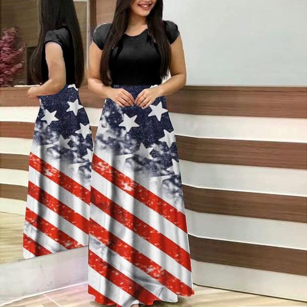 Vestidos casuales Día de la Independencia largos para Mujer estampado de moda cuello redondo manga corta Vestidos Mujer 2023