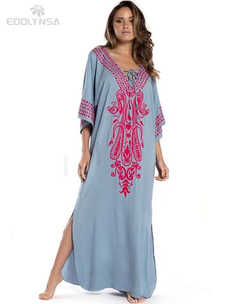 Vestidos casuales Indie Folk Lace Up con cuello en V Manga de murciélago Vestido de playa de verano Túnica Mujeres Ropa de playa Kaftan Maxi Vestido Robe Sarong Q775 230515