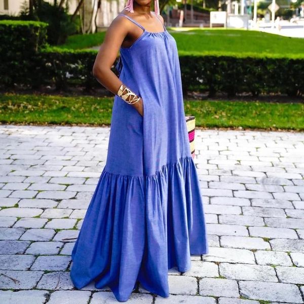 Robes décontractées Style Indie Mode Été Robe Africaine Femmes Bleu Sans Manches Spaghetti Sangle Bandage Lâche Longueur Au Sol Tenues