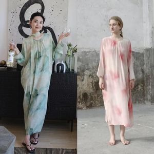 Robes décontractées encre imprimer longue Robe dame Vintage soie mélange col rond à lacets manches Maxi femmes élégant Robe ample 2023