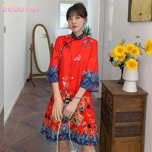 Robes décontractées Ins Rouge Bleu Lâche Mode Moderne Chinois Cheongsam Robe A-ligne Femmes Manches 3/4 Qipao Vêtements Traditionnels 230331