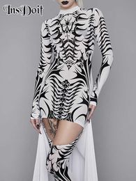 Casual jurken Inssdoit gotische kleding met sokken zwarte jurk vrouwen streetwear print lange mouw herfstjurk bodycon sexy elegante feestjurken z0216