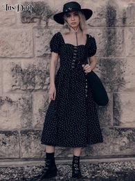Vestidos casuales insdoit botón de estampado floral gótico Midi Women Square Puff manga Grunge Estética elegante