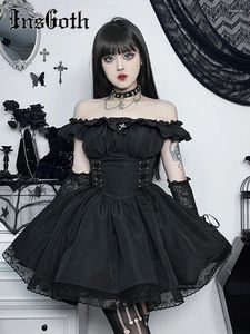 Robes décontractées Insgoth gothique drapé robe moulante femme lolita mini vintage punk manches bouffantes à volants une ligne swing courte goth