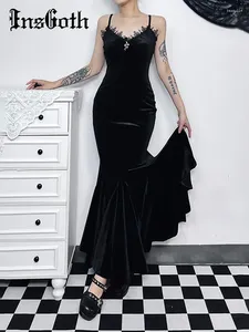 Robes décontractées InsGoth Gothic Mermaid Fishtail Maxi Robe Femmes Sexy Col V Ruché Moulante Dos Nu Midi Cocktail Invité De Mariage