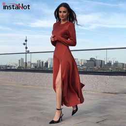 Robes décontractées Insta élégant vintage femmes robe soie fendue automne fête manches longues satin longueur cheville midi 2024 ajustement et évasé