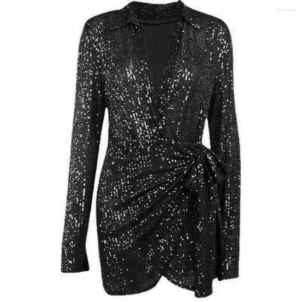 Robes décontractées ourlet irrégulier Chic printemps automne taille chemise à lacets robe taille haute fête brillant paillettes femme vêtementsuyyn