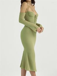 Casual jurken itfabs dames feestvestidos halter riem laaggesneden tie-up fishtail elegante off-shoulder lange mouw wrap midi jurk