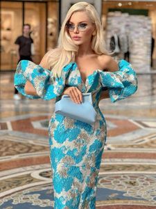 Robes décontractées Jacquard soirée robe de soirée femmes bleu moulante élégant Sexy Midi hors épaule Brithday Club tenues 2023 été