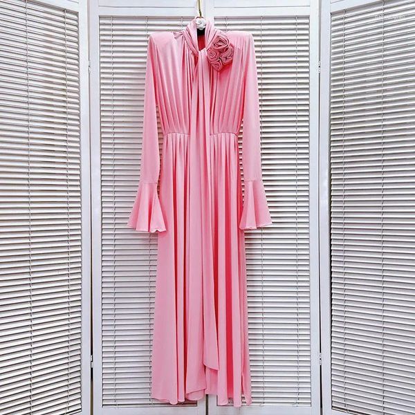 Robes décontractées Jamerary 2024 Summer Runway Designer Vacances Ruché Femmes Fleur Rose Col Une Ligne En Mousseline De Soie Solide Longue Seeve Maxi Robe