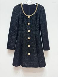 Casual Jurken JAMERARY Herfst Winter Hepburn Stijl Zwarte Diamant Lange Mouwen Tweed Wollen Jurk Vrouwen Enkele Breasted Kralen Knoppen