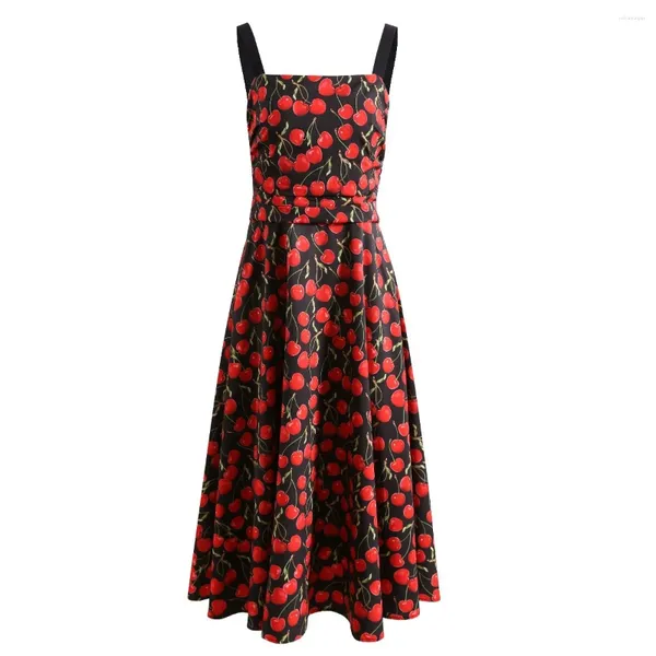 Vestidos casuales JAMERARY Fashion Runway Red Cherry Dress para mujeres Correas de verano Una línea Vacaciones Playa Midi Long Lady