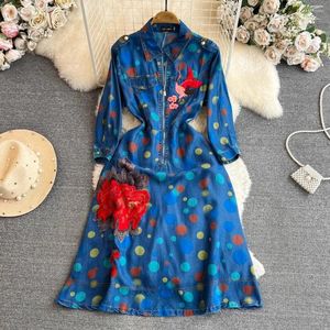 Robes décontractées Jamerary piste automne coloré robe à pois femmes manches fleur oiseau broderie denim jean robe fermeture éclair une ligne fête