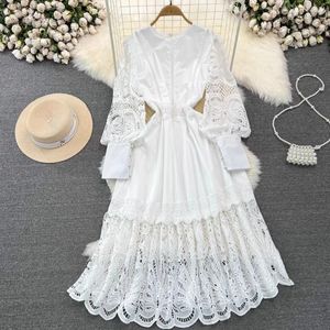 Casual jurken Jamerary Runway Autumn Holiday Borduursel Witte Lace Prom jurk dames lange lantaarn mouw zipper vaste haak midi