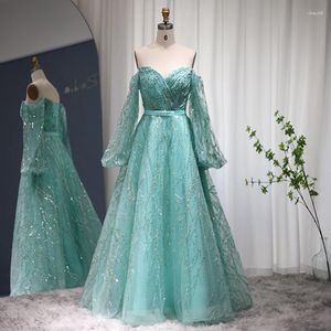 Robes décontractées Jancember Sparkly Menthe Vert Manches longues Robe de soirée arabe Élégant Dubaï Perlé Costume formel pour les femmes Fête de mariage