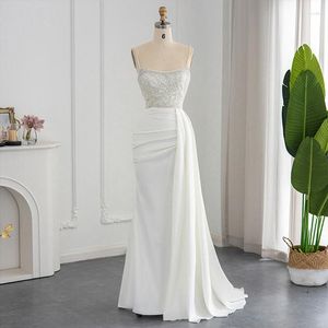 Robes décontractées Jancember Blanc Spaghetti Bretelles Sirène Robe De Soirée Pour La Fête De Mariage Élégant Perles Overskirt Formelle Robe De Bal LSCZ54