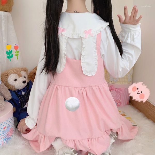 Robes décontractées Japon Automne Kawaii Lolita Costume deux pièces Cosplay Loli Bow Oreilles Chemise Douce Fille Sans Manches Volants Robe À Bretelles