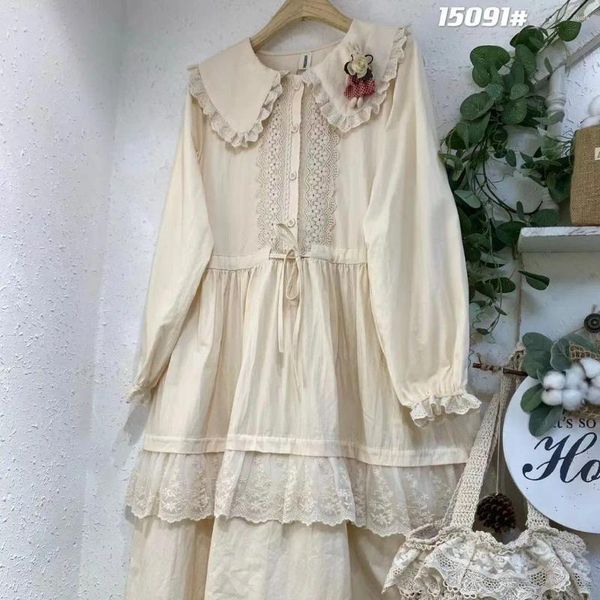 Vestidos casuales Japón Mori Girl Bordado Bordado Drawstring Cintura suelta Dulce Dulter Mujer Mujer Cuello Túnica con broche