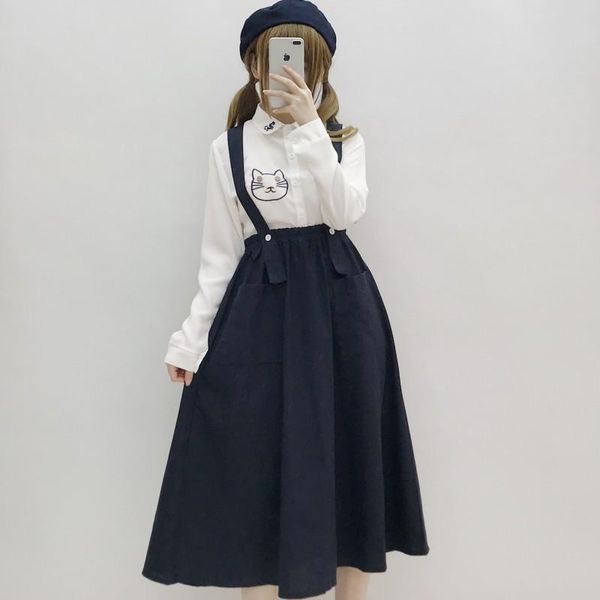 Vestidos casuales Japón Estilo preppy Mujeres Azul marino Vestido de tirantes Tirantes Bolsillos Vestido largo sin mangas Mori Chica Elegante Uniforme escolar Lindo Dr.