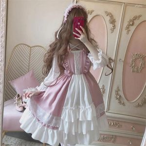 Casual jurken Japan Sweet Pink Black Lace Korte mini -jurk Vrouwen zachte sisiter ruche boog gothic lolita dames lange mouw een lijn