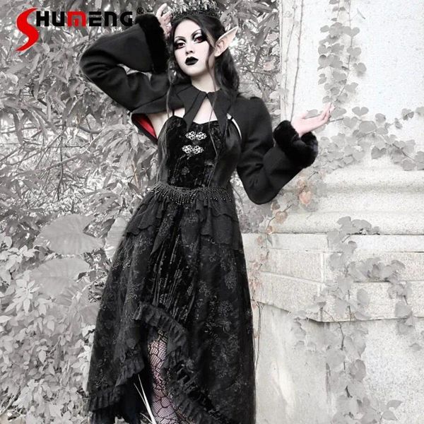 Vestidos casuales japonesa clásica gótica pesada industria terciopelo Halloween negro botón negro longitud de rodilla vestido vestidos maneveless vestidos de
