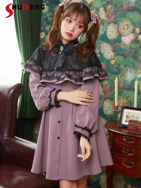 Vestidos casuales Japonesa Linda Girl Lolita Cape Midi Vestido 2024 Otoño dulce Mina Mina producida con manga larga Chal para mujeres para mujeres