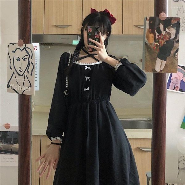 Robes décontractées japonais Harajuku femmes Streetwear automne robe col croisé gothique noir arc mignon Kawaii Lolita MH971
