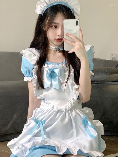 Vestidos casuales japonés kawaii lolita vestido femenino 2022 dulce suave niña cosplay traje de criada sexy cuello cuadrado manga corta arco op mini