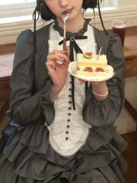 Robes décontractées japonais kawaii lolita courte fête femmes français manches longues mini robe douce fille arc élégant un morceau
