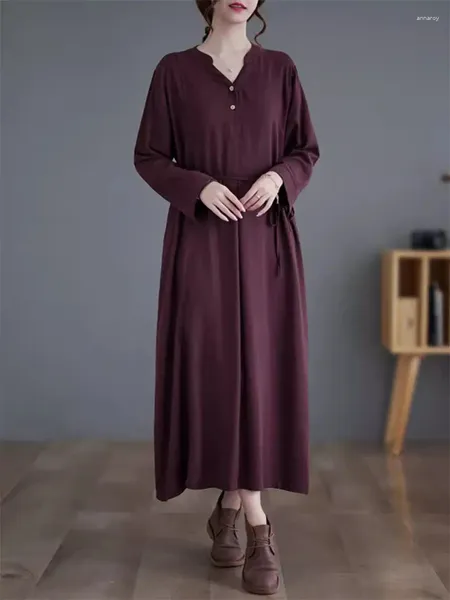 Robes décontractées Linge japonais Col en V Robe à manches longues 2024 Printemps Paresseux Irrégulier A-ligne pour femmes Vêtements amples Z4926